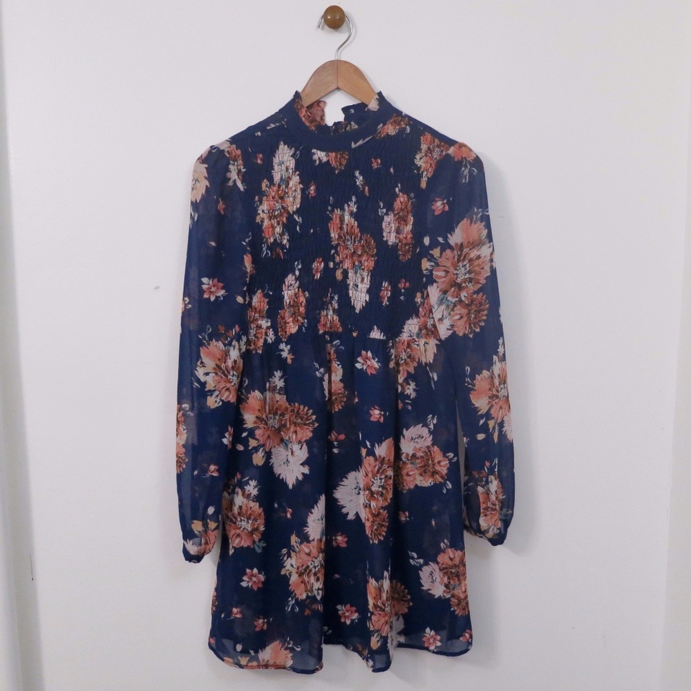 Sheer Navy Blue Floral Ruched Mock Neck Long Sleeve Babydoll Dress Lagenlook XS